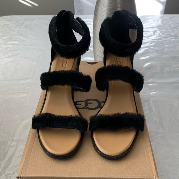 UGG Black Fur Strap Heels - Picture 1 of 4